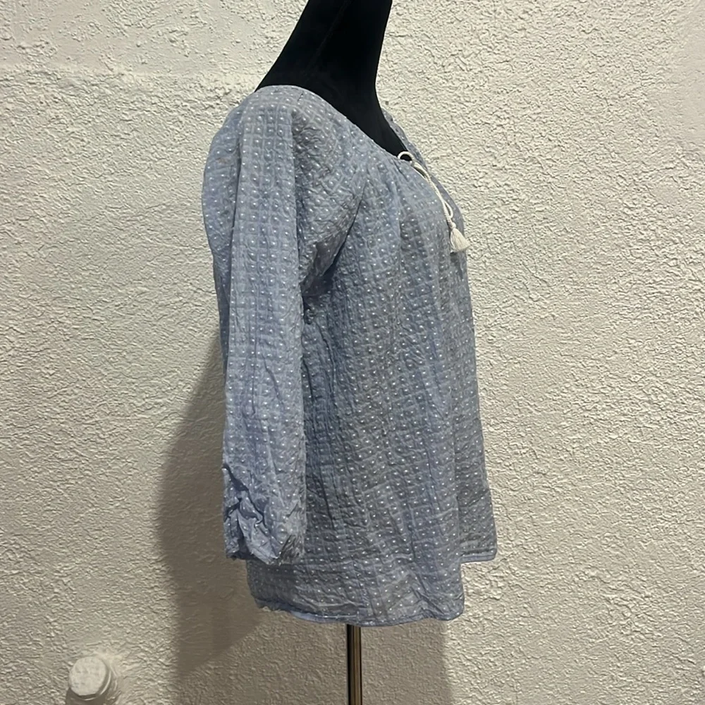 J. Crew Light Blue Textured Peasant Blouse with Tassel Tie